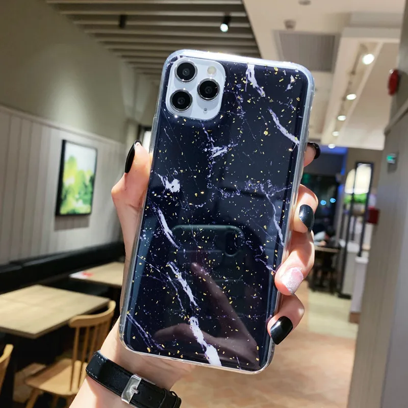Блестящий чехол для телефона с золотой фольгой и мрамором для iPhone 11, 6, 6 S, 7, 8 Plus, X, XR, XS Max, мягкий чехол из ТПУ для iPhone 11 Pro, Max, блестящая задняя крышка - Цвет: Black