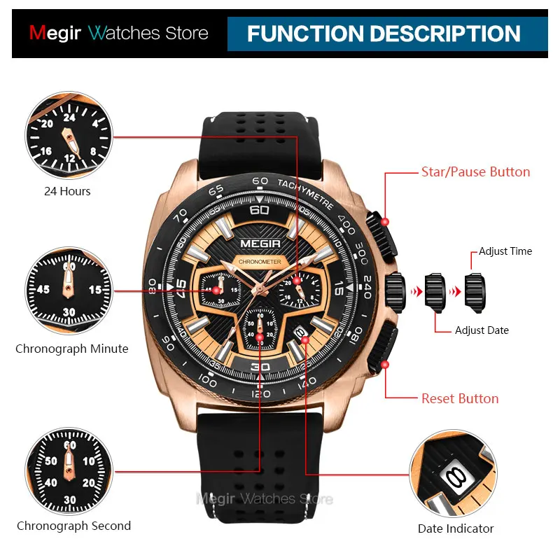 Megir Men's Chronograph Sport Watch with Quartz Movement and Luminous Features