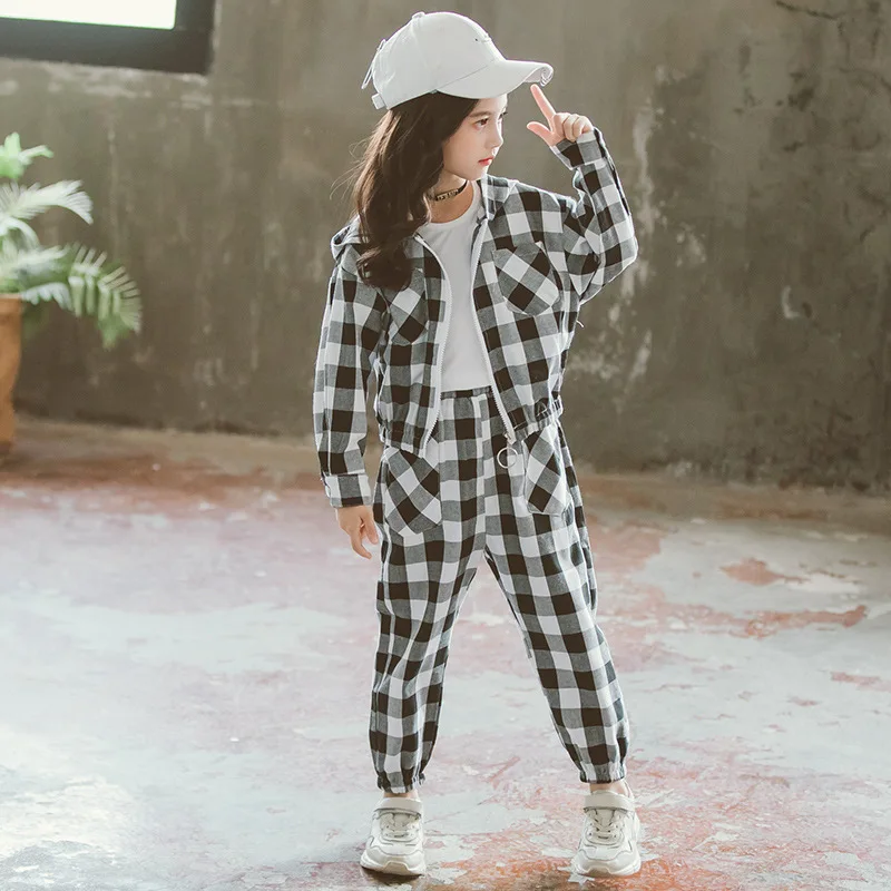 

2020 New Style Casual CHILDREN'S Suit Girls Autumn Clothing Middle And Large Children Korean-style Large Grid Fashion Two-Piece