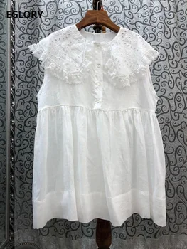 

Top Quality New 2020 Summer Dress Women Big Turn-down Collar Hollow Out Embroidery Sleeveless Casual Loose Cotton Linen Dress