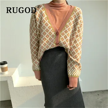 

RUGOD New Korean Style Chic Loose Diomand Pattern Knitted Cardigan Elegant Single-breasted Sweater Ladies Winter Tops For Women