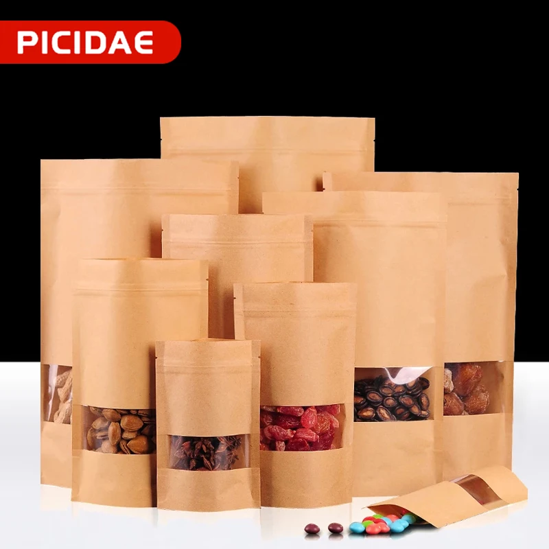 Kraft Paper ziplock bag with Window Food Storage Tea Dried Fruit Gift Coffee Bean Candy Home kitchen organizer Packaging 50 Pcs | Дом и сад