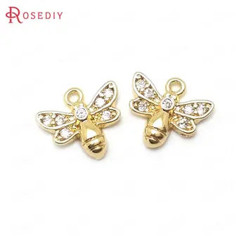 

(36942)6PCS 8.5x10MM 24K Gold Color Brass and Zircon Little Bee Charms Pendants High Quality Diy Jewelry Findings Accessories