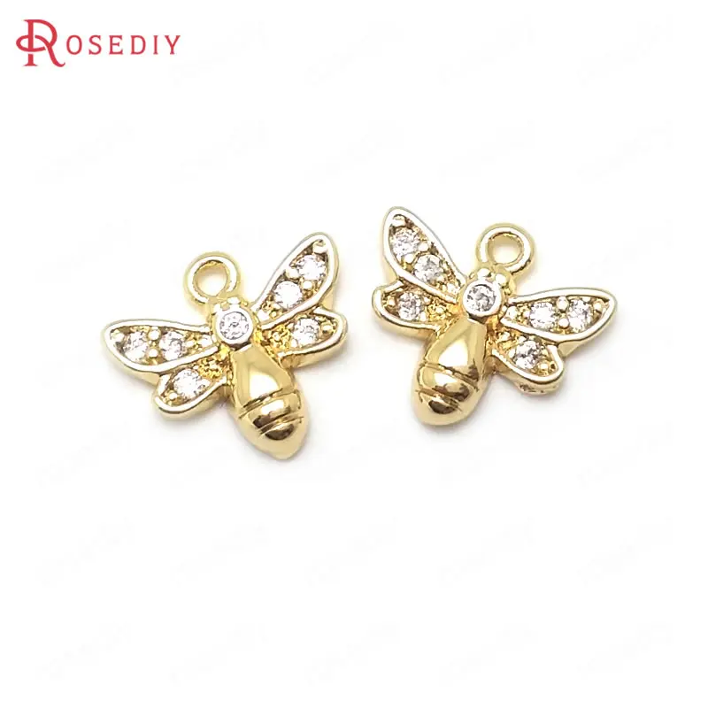 

(36942)6PCS 8.5x10MM 24K Gold Color Brass and Zircon Little Bee Charms Pendants High Quality Diy Jewelry Findings Accessories