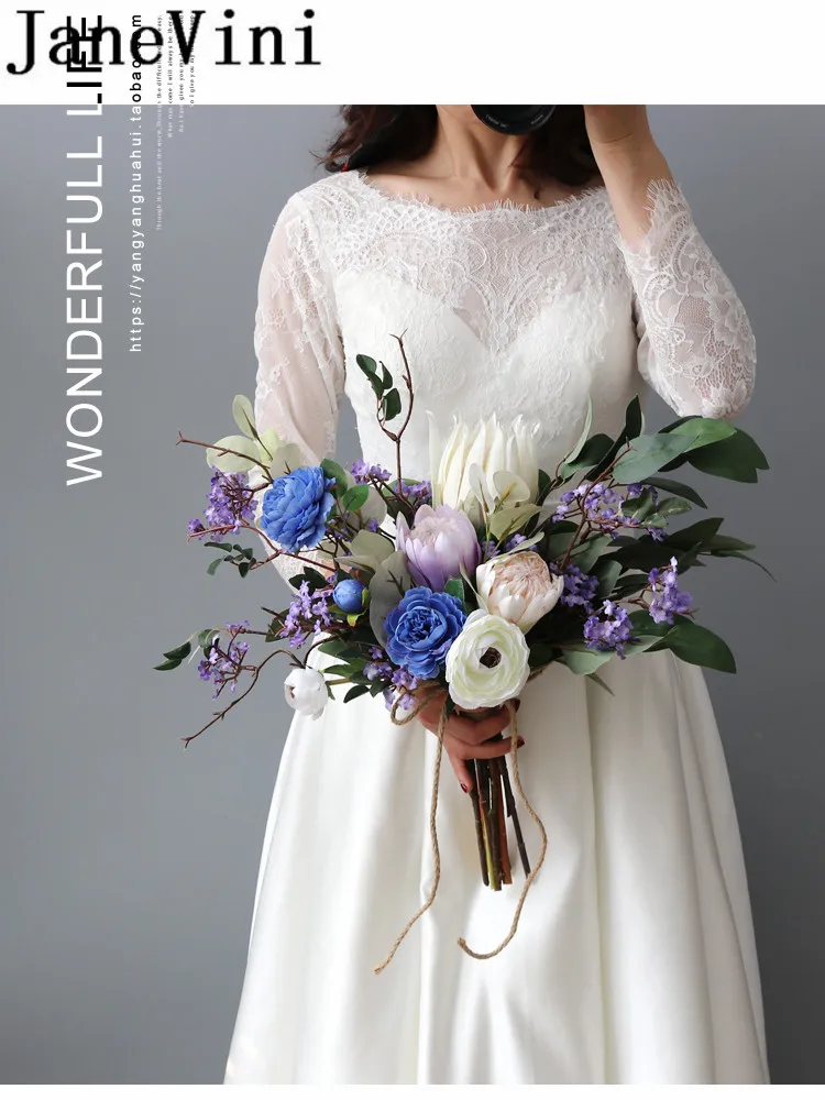 JaneVini Ramo De Novia синий фиолетовый свадебный букет цветов Элегантный Искусственный шелк цветок императора брошь невесты Буке