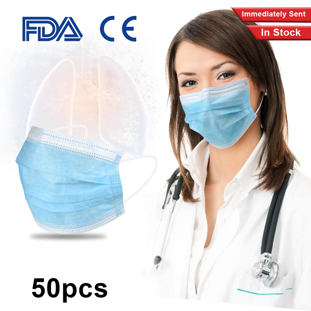 

50PCS Disposable Protective Medical masks 3 Layers Dustproof Facial Protective Cover Masks Maldehyde Prevent bacteria Masks