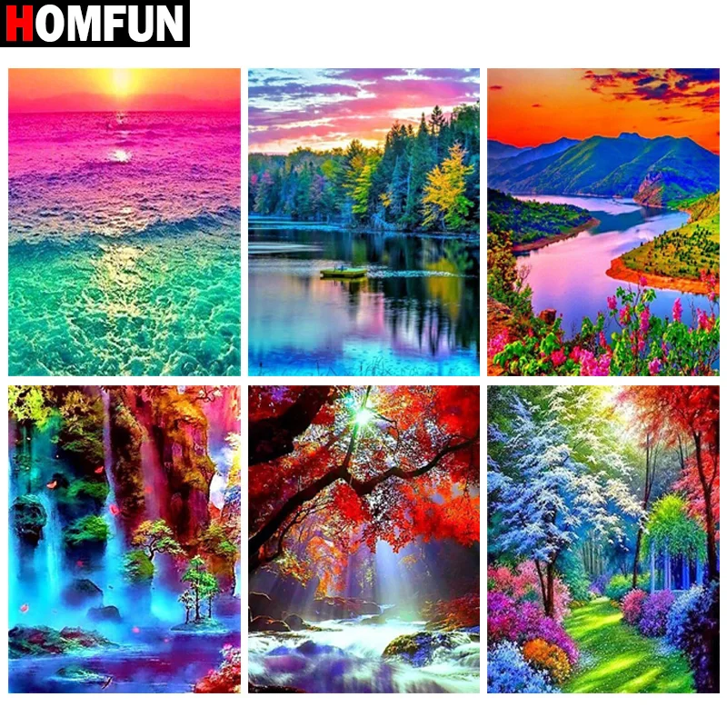 HOMFUN 5d алмазная живопись камни в форме ромба/круглый &quotЛес цвет озера&quot картина