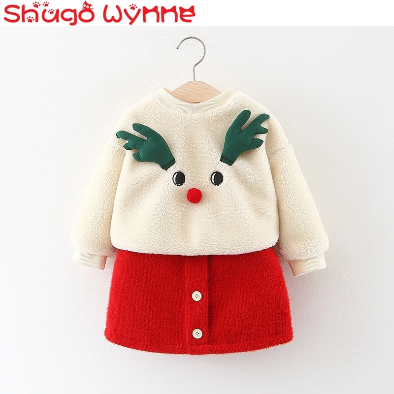 

Winter Baby Girls Cartoon Deer Thick Sweater + Solid Color Plus Velvet Skirt Fashion Two-Piece Suit
