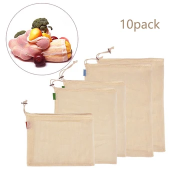 

10 Pack Reusable Produce Bags, Organic Cotton Mesh Bags for Fruit and Vegetable Grocery Shopping and Storage (S, M, L)