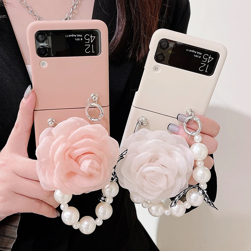 Чехол для телефона Z Flip3 с милым объемным изображением вуали розы жемчужным