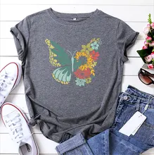 

Casual Fashion Butterfly Flower T-shirt 100%Cotton Summer Women Print T Shirt Female O Neck Short Sleeve Graphic Basic Top Tee