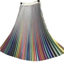 Весна Лето, модная разноцветная полосатая плиссированная юбка, женские юбки средней длины с высокой талией