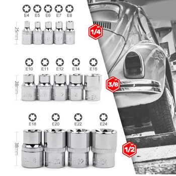 

14pcs E4-E24 Sockets Bits External Female Chrome Vanadium Steel Wrench Tool Sockets 1/4\" 3/8\" 1/2\"