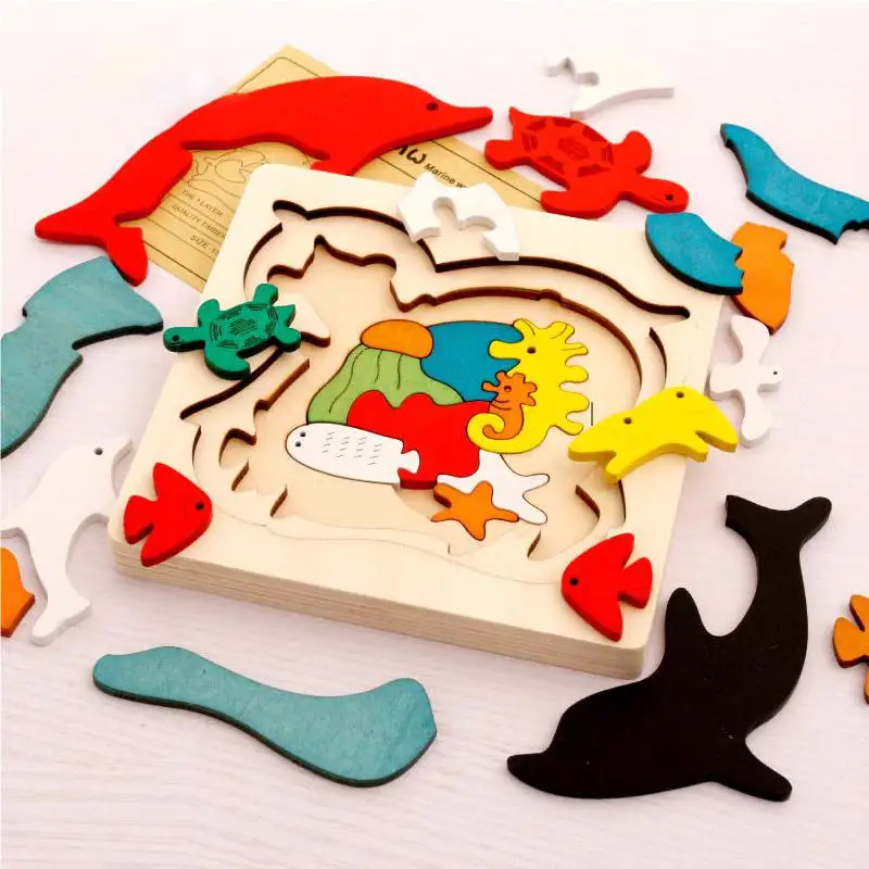 Деревянная 3d головоломка Монтессори образование альпиния оксифилла игра три слоя мультфильм головоломки животных головоломки Детская игрушка подарок