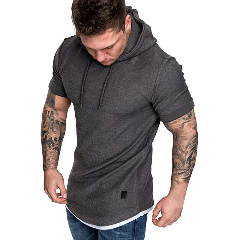 Dark Gray-B Мужская футболка с капюшоном, красивая летняя модная футболка с коротким рукавом с капюшоном, Мужская футболка, тонкие топы для фитнеса, Camisa Masculina, большие размеры - Цвет: Dark Gray-B