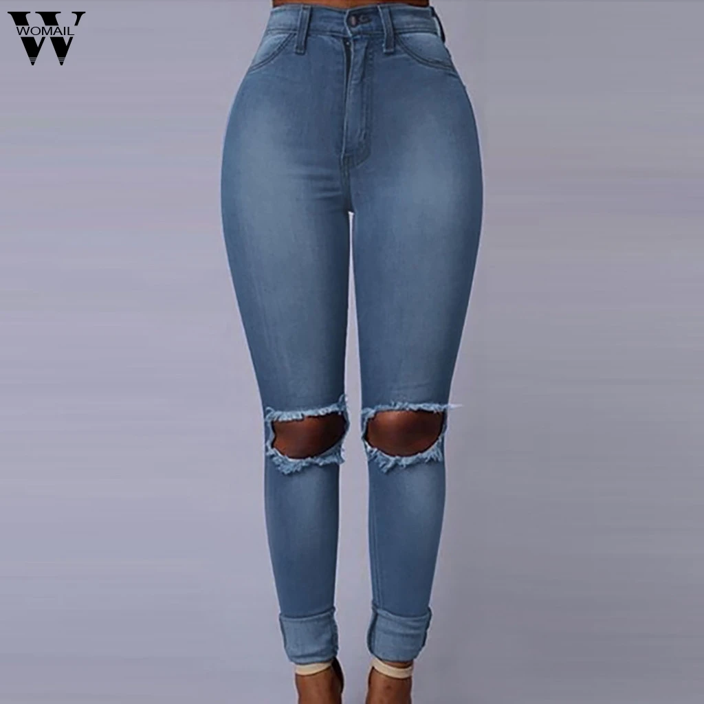

Womail Plus Size Jeans Womens High Waist Jeans Solid Holes Denim Pocket Sexy Pencil Pants Button Fly Casual Female Jeans 2019