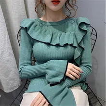 

Women 2021 Autumn Sexy Korean Ruffled O Neck Knitting Pullover Sweater Female New Winter Fashion Black Retro Short Slim Sweaters