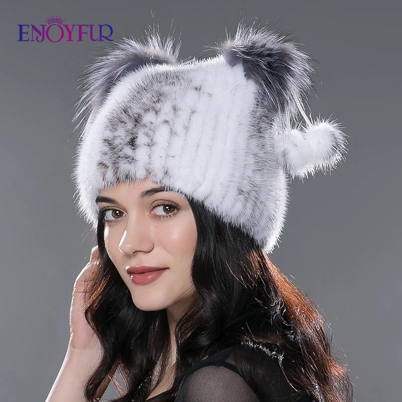 Женская шапка с ушками кошки ENJOYFUR из натурального меха норки помпонами для зимы и
