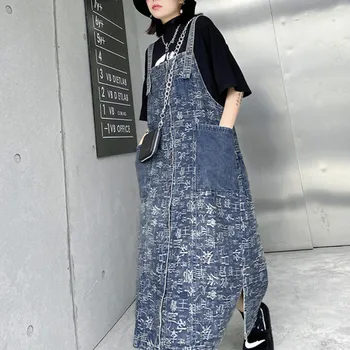 

Chinese Word Print Women Dress Spagetti Straps Fashion Long Dress Women High Street Denim Dress Plus Size Jeans Loose LT407S50