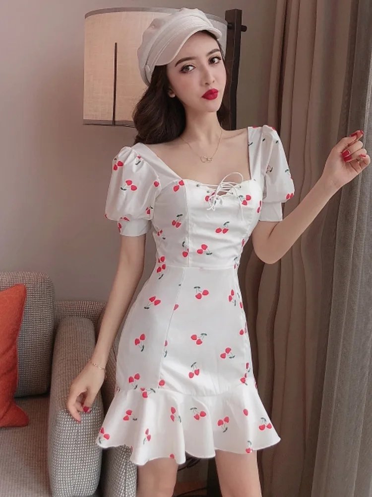 

Women's Summer New Style Fashion Elegant Short Sleeve Square Collar Puff Sleeve Printed Waist Hugging Slimming Lace-up Flounced