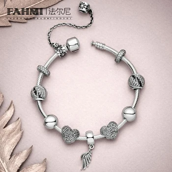 

FAHMI 100% 925 Sterling Silver 1:1 ANGELIC MAJESTIC FEATHERS HANGING CHARM Love Beaded Pendant Fashion Bracelet Gift Set