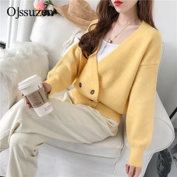 

Yellow Blue Women's Cardigan Sweater Loose V Neck Double Breasted Knitted Cardigans Woman's