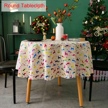 

Bronzing Printed Kitchen Dustproof Holiday Stain Resistant Dinning Room Party Christmas Round Tablecloth Cotton Blend Reusable