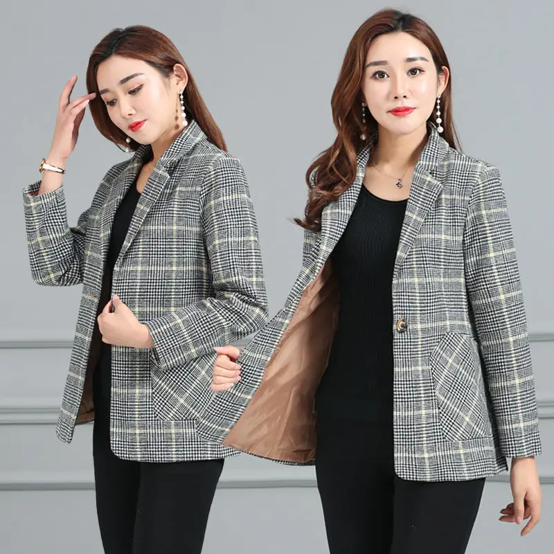 Vangull Women Autumn Plaid Blazer Spring Long Sleeve Slim Checked Coat Formal Jacket Office Suit Lady Outerwear Plus size XXXXL