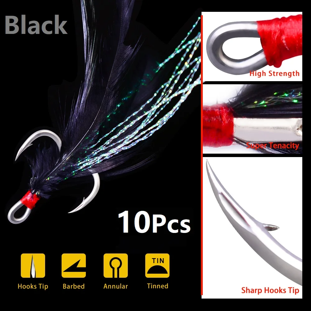 black Горячая новинка 10 шт./лот рыболовный тройной крючок круг с пером тройные сильные рыболовные крючки anzuelos de pesca 10 ЛОТ Япония джиг - Цвет: black