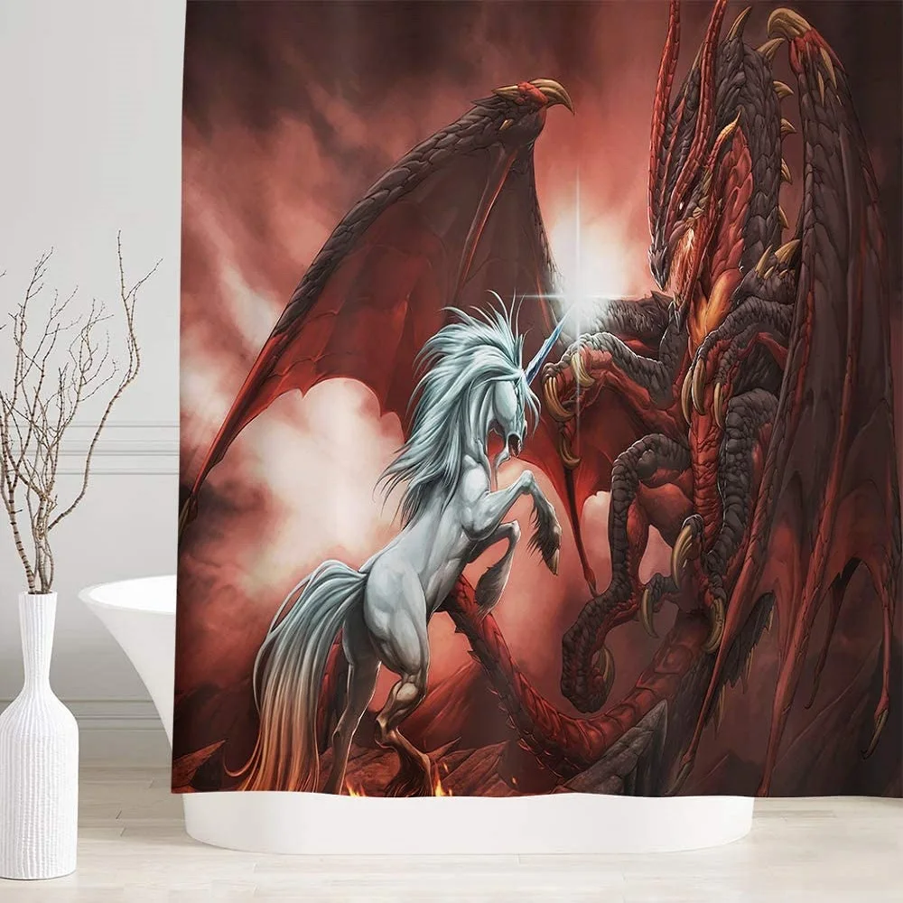 Mystic Dragon Shower Curtain, Mythical Creature Unicorn with Fly Dragon Fight Bathtub Screen, Bathroom Home Decor with Hooks