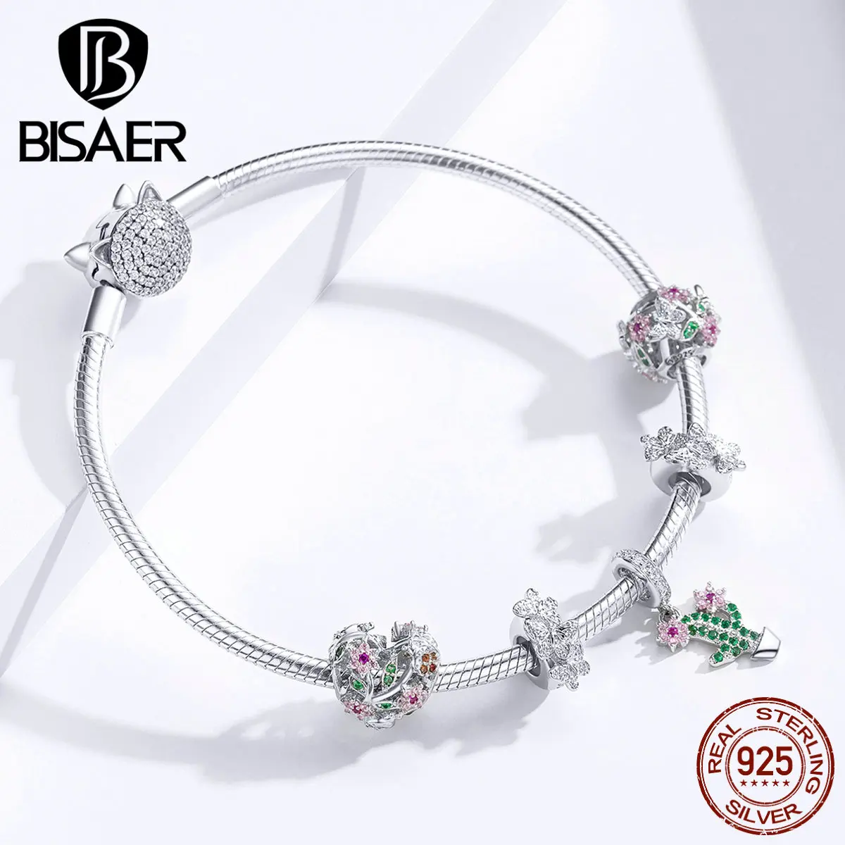 Цветочные бусины BISAER, 925 пробы, серебристые, розовые, розовые цветы, подвески, бусины, подходят для браслетов, серебро 925, изготовление ювелирных изделий EFC116