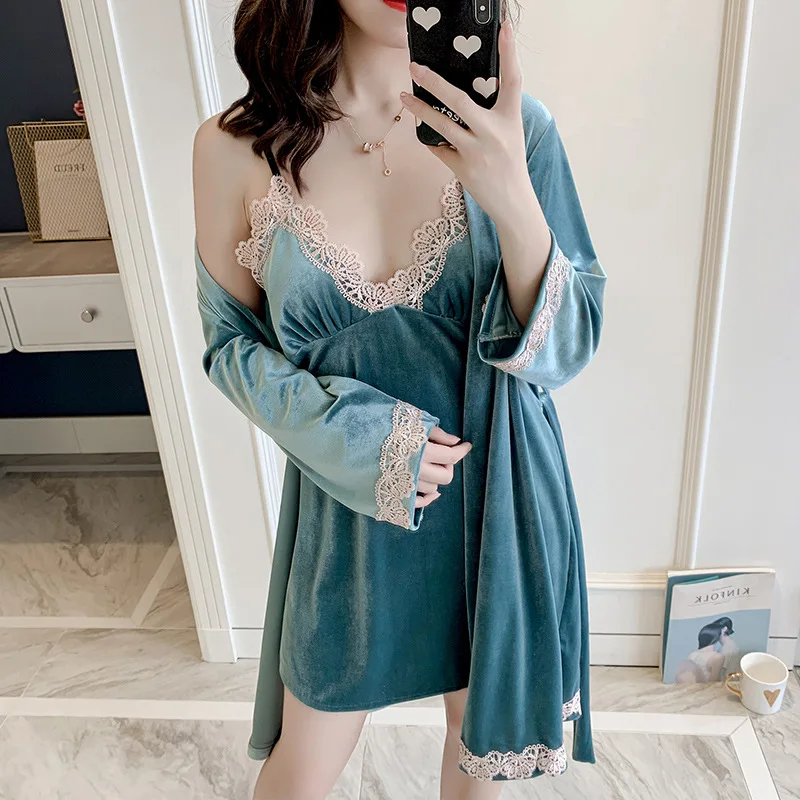 

Women Lakeblue Velour Robe Gown Set Spring Autumn Bathrobe Set 2 Pieces Solid Kimono Nightdress Sexy Sleepwear Nightwear Set