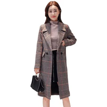 

New Winter Houndstooth Woolen Coat Women Suit Collar Double breasted Coats Female Slim Jacket Slim Cotton Thicken Warm Overwear