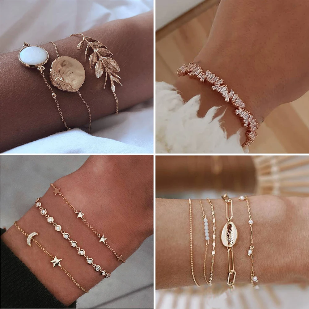 

Mix Design Moon Star Shell Turtle Feather LOVE Crystal Charm Bracelets for Women Boho cuff Bangle Bracelet Jewelry Wholesale