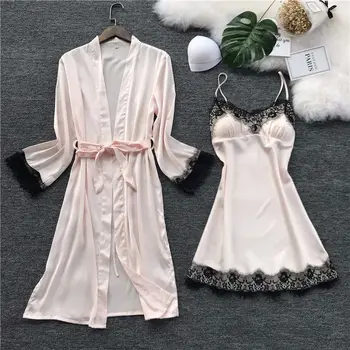 

Women Robe Gown Sets Ladies Sexy Lace Lounge Sets Pijama Long Sleeve Silk Nightwear Bathrobe Nightdress Two-Piece Sleepwear Sets