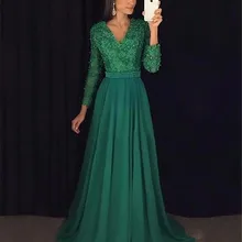 Темно-зеленые кружевные вечерние платья, длинные прозрачные рукава, с жемчугом, на молнии сзади, шифоновые вечерние платья, платья для выпускного вечера, Robe De Soiree