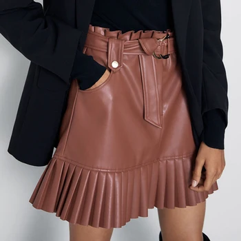 

New Coffee Black Pleated Faux Leather Skirts Solid Short Tie Belt Waist Pockets Skirt Summer Winter Casual Leather Clothes