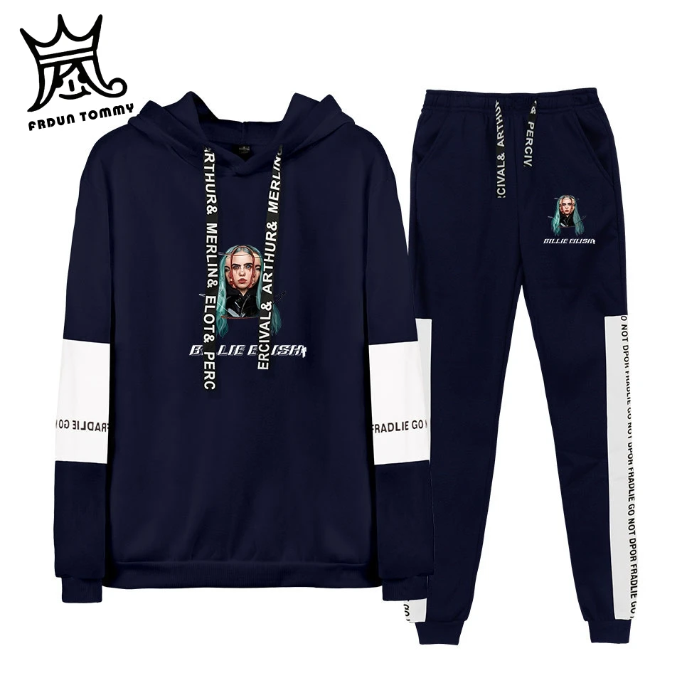 FRDUN/ осень/зима Billie Eilish горячая Распродажа толстовки/спортивные штаны для мужчин комплект из двух предметов с капюшоном бархатный костюм 4XL