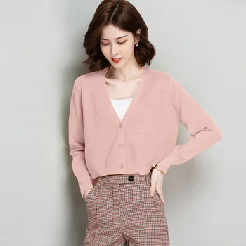 

Spring and Autumn Knitted Long Sleeve Top Solid Color V-neck Cardigan Women 2020
