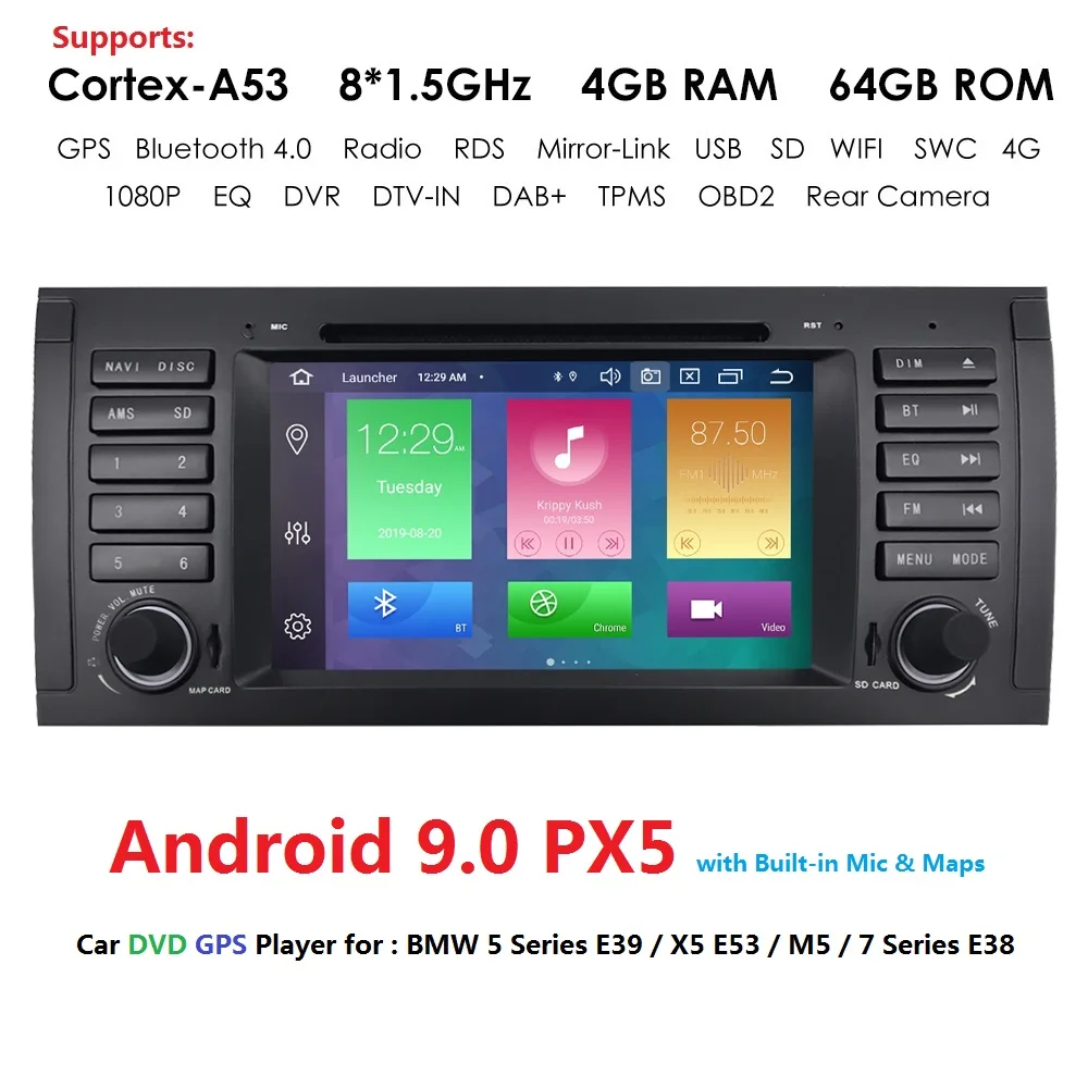

IPS DSP Octa Core 4G RAM 64G ROM Android 9.0 Car DVD Player Multimedia GPS Navigation for BMW E39 X5 5 Series Support DAB+ TPMS