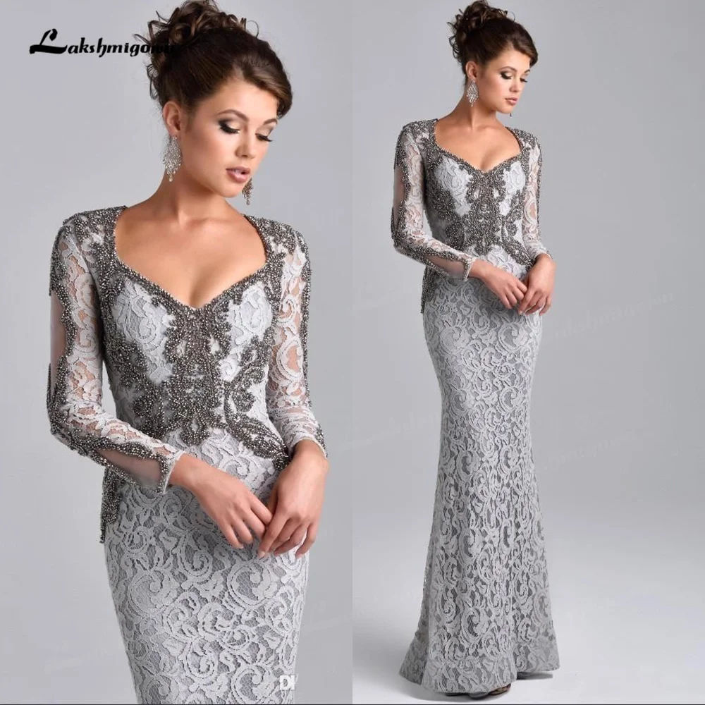 

Luxury Gray Beaded Lace Mother of Bride Evening Dresses For Wedding 2022 Long Sleeve Mermaid Groom Godmother Dresses vestido de