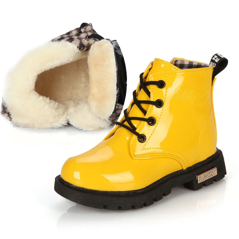 

Kids Shoes girls Boys Patent Leather Lace Up Martin Boots Warm and Waterproof Autumn Winter Children Shoes 1#15/15D50