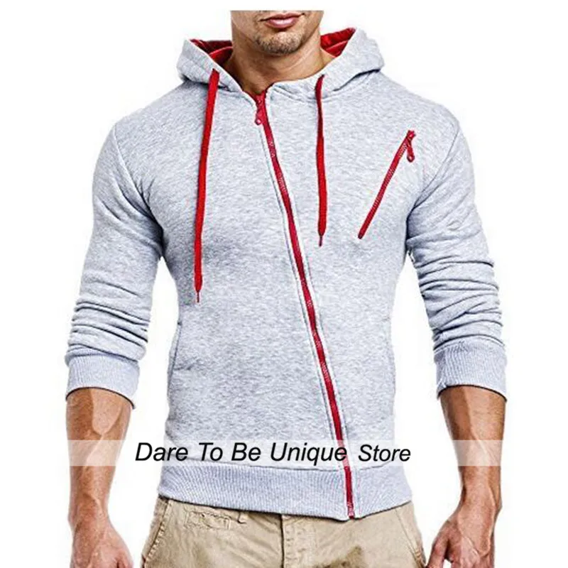 Mens Hoodies Diagonal Zipper Design Pure Color Long Sleeve Slim Hoodie Casual Hooded Sportswear Sweatshirts Men Streetwear Black