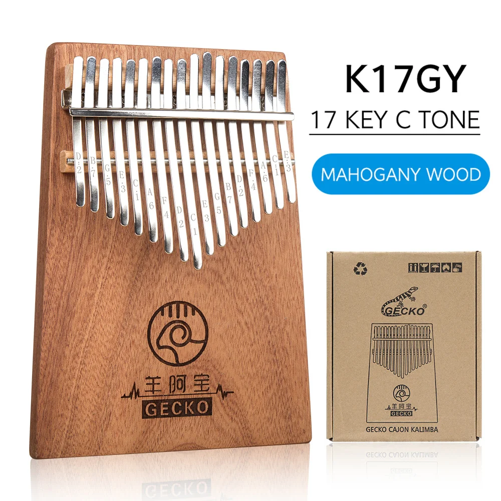 GECKO Kalimba 17 Keys Full veneer solid Mahogany Bodywith Instruction and Tune Hammer Portable Thumb Piano C Tone K17GY