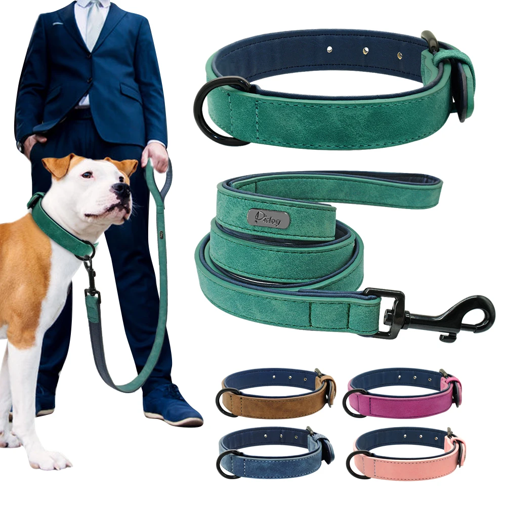 Large Dog Collar Leash Set Leather Padded Collar Dog Pitbull Dog
