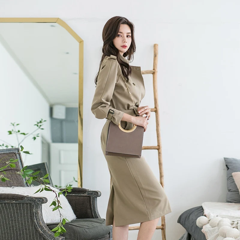 

Sexy package hip dress Double-breasted Trench Dress Women 2020 autumn Bow Bandage Pencil Dresses OL Work Wear Bodycon Vestidos