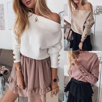 

Stylish Women Autumn Long Sleeve One Shoulder Decor Cuff Top Long Sleeve One Shoulder Decor Cuff Top Women