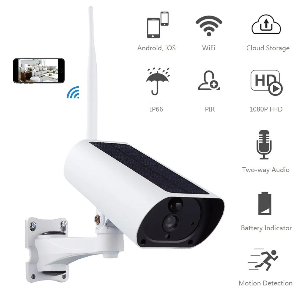 

Solar Powered 1080P HD WiFi IP Camera Waterprof Charging Battery Security Camera IR Motion Detection Bullet Surveillance
