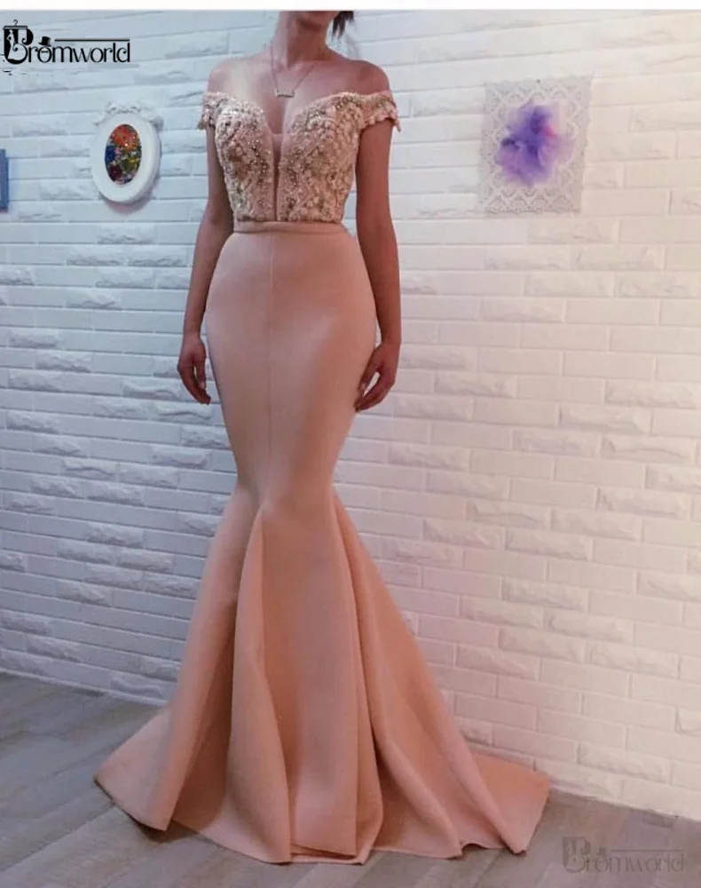 beaded top mermaid evening dresses long off the shoulder crystals pink elegant evening gown formal dress_conew1