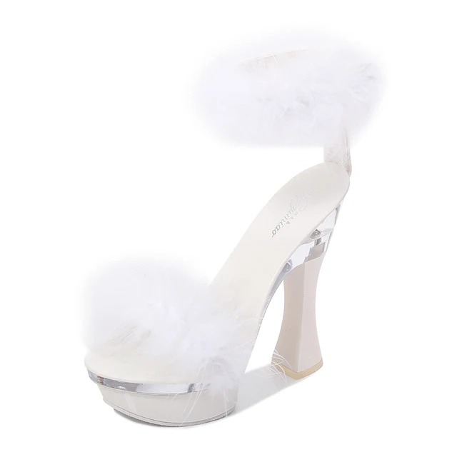 2020 New 4 Color Feather Thick High Heels Platform Sandals Women 14cm 17cm Heels Shoes Female Summer Hair Wedding Pumps WS311 White 14cm